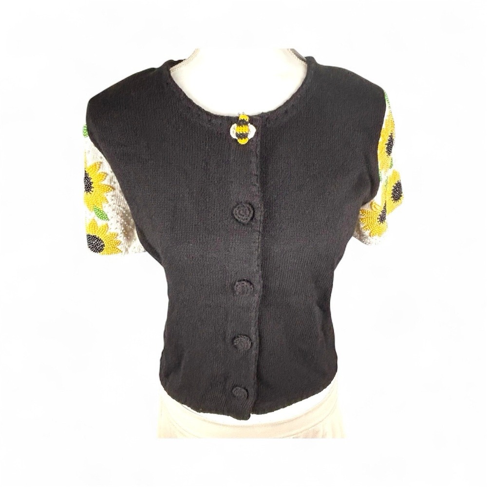 NWT‎ 90s Michael Simon Short Sleeve Cardigan Womens Sz Small RARE Bee Sunflower